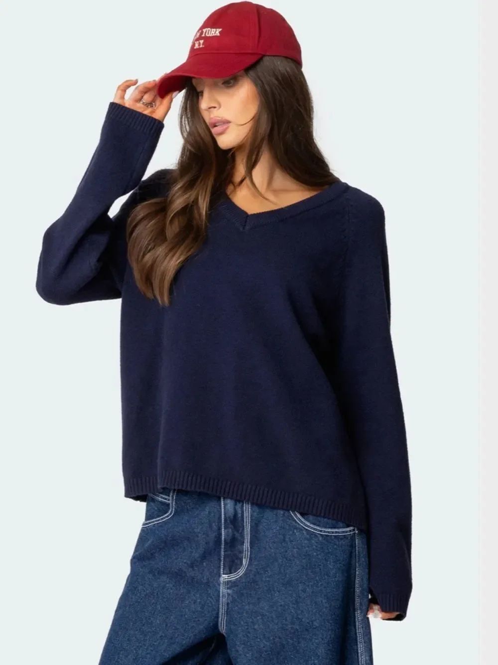 PACSUN x edikted XS Martha Navy Oversized V-neck Knit Sweater